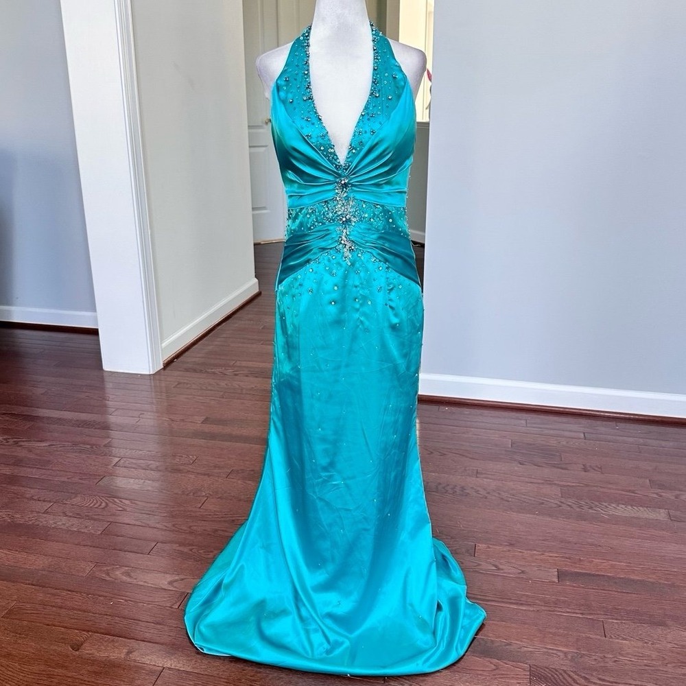 Mori Lee by Madeline Gardner Paparazzi Blue Halter Beaded Embellished Gown Dress
